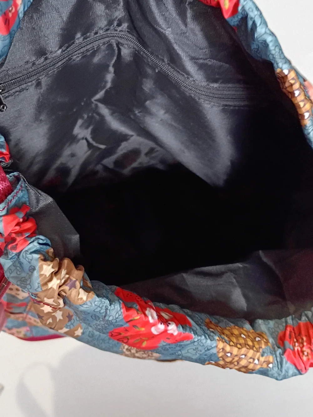 Foldable Drawstring Backpack Floral Bunny Patchwork Pattern Pocket On Front